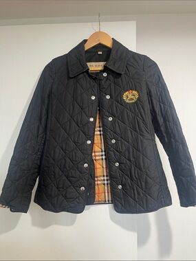 Burberry Black Quilted Crest Utility Jacket with Check Lining